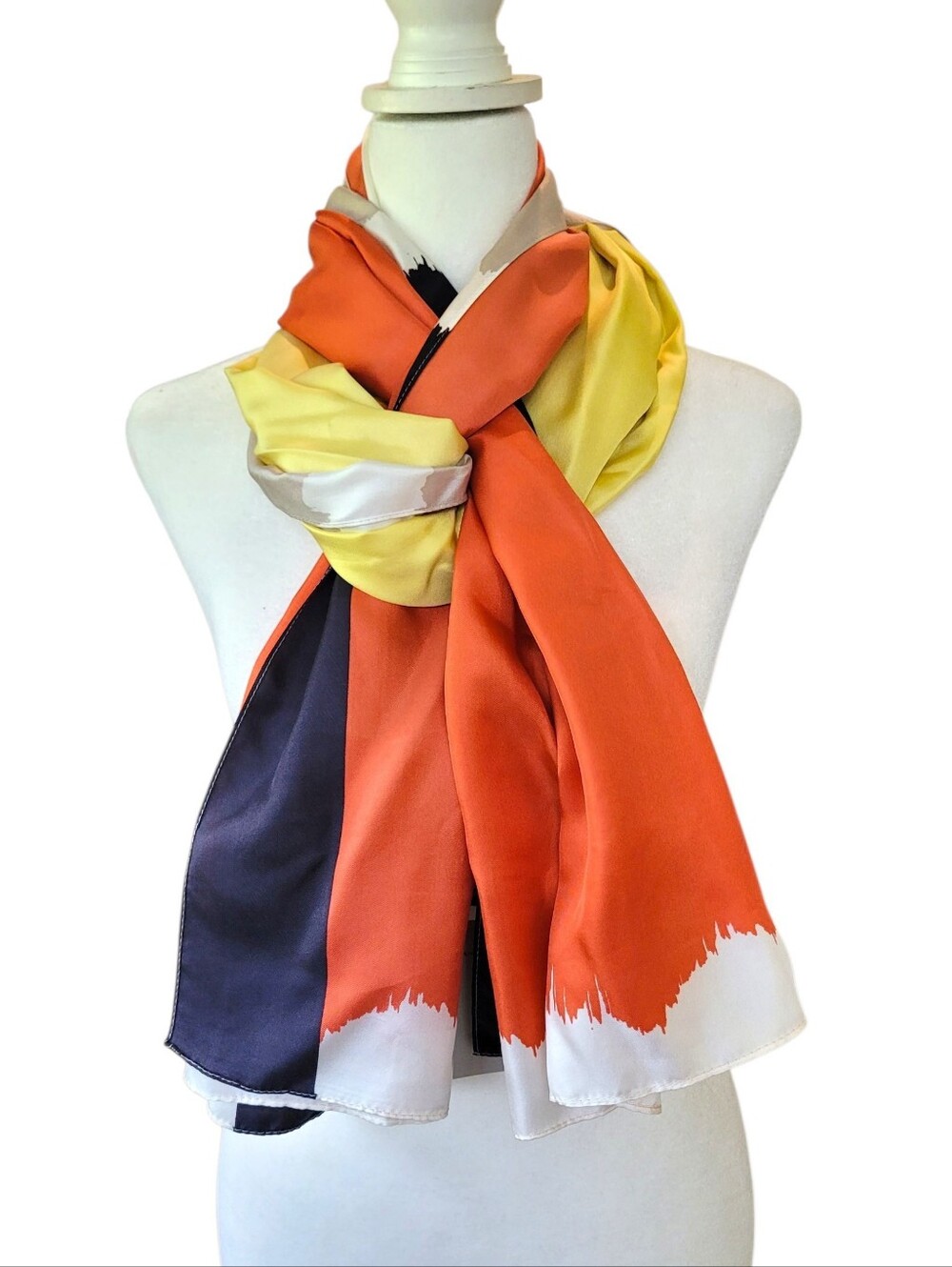 NWT 100% Silk Ann Taylor Large Scarf Orange Black Cream Colorblock Print